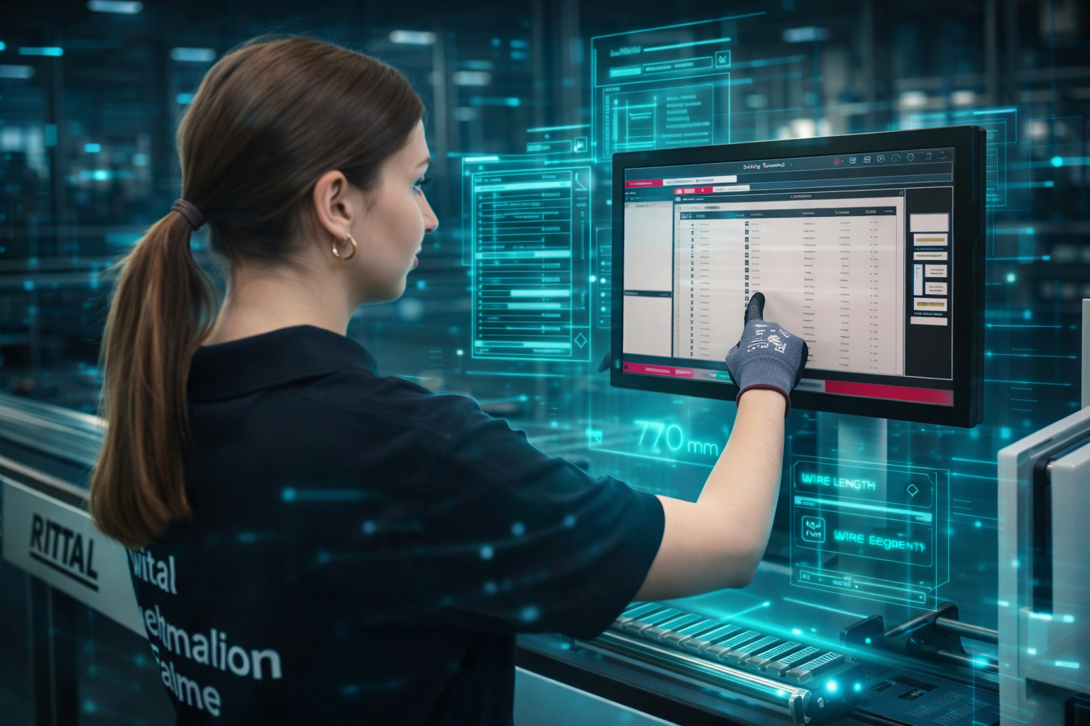 Mitarbeiterin steuert Drahtschneidestation bei EVO Electronic Solutions