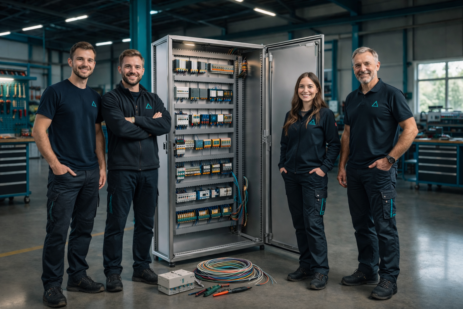 EVO Electronic Solutions Team vor fertigem Schaltschrank in der Werkstatt