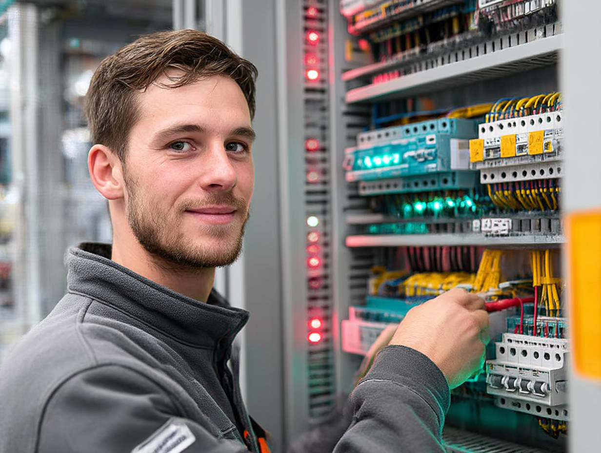 Mitarbeiter bei der Verdrahtung eines Schaltschranks bei EVO Electronic Solutions