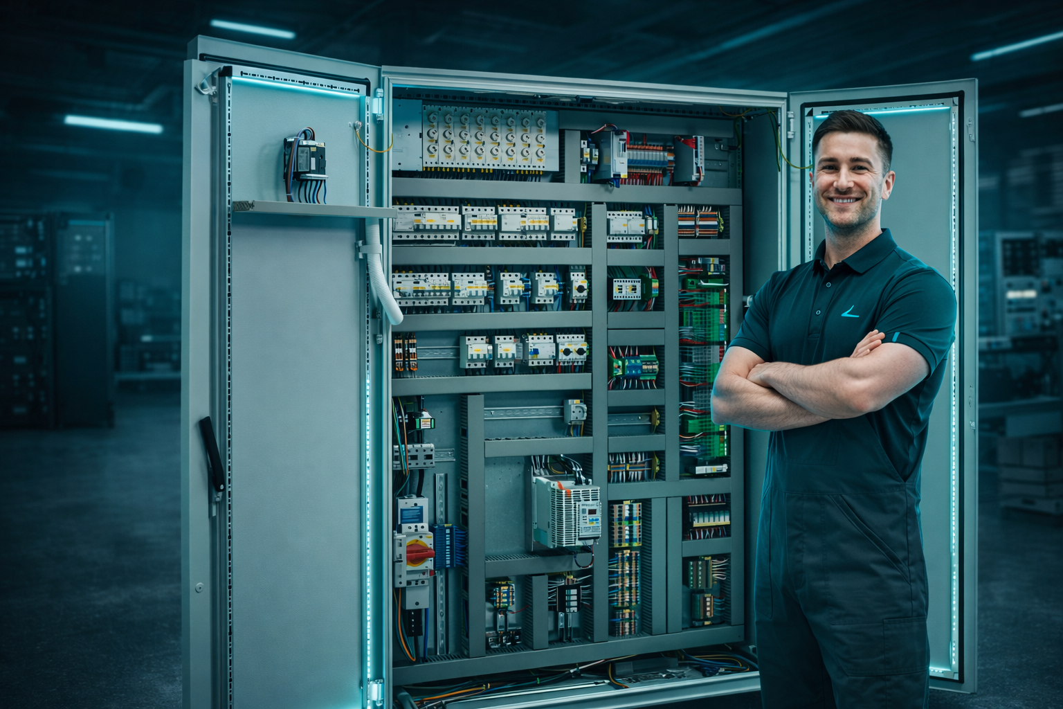 Techniker bei der Arbeit in der Schaltschrankbau-Werkstatt